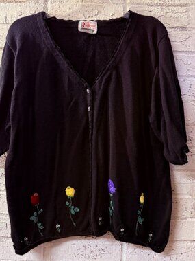 R&K Womens 20 Black Floral Embellished Cardigan Sweater Short Sleeve